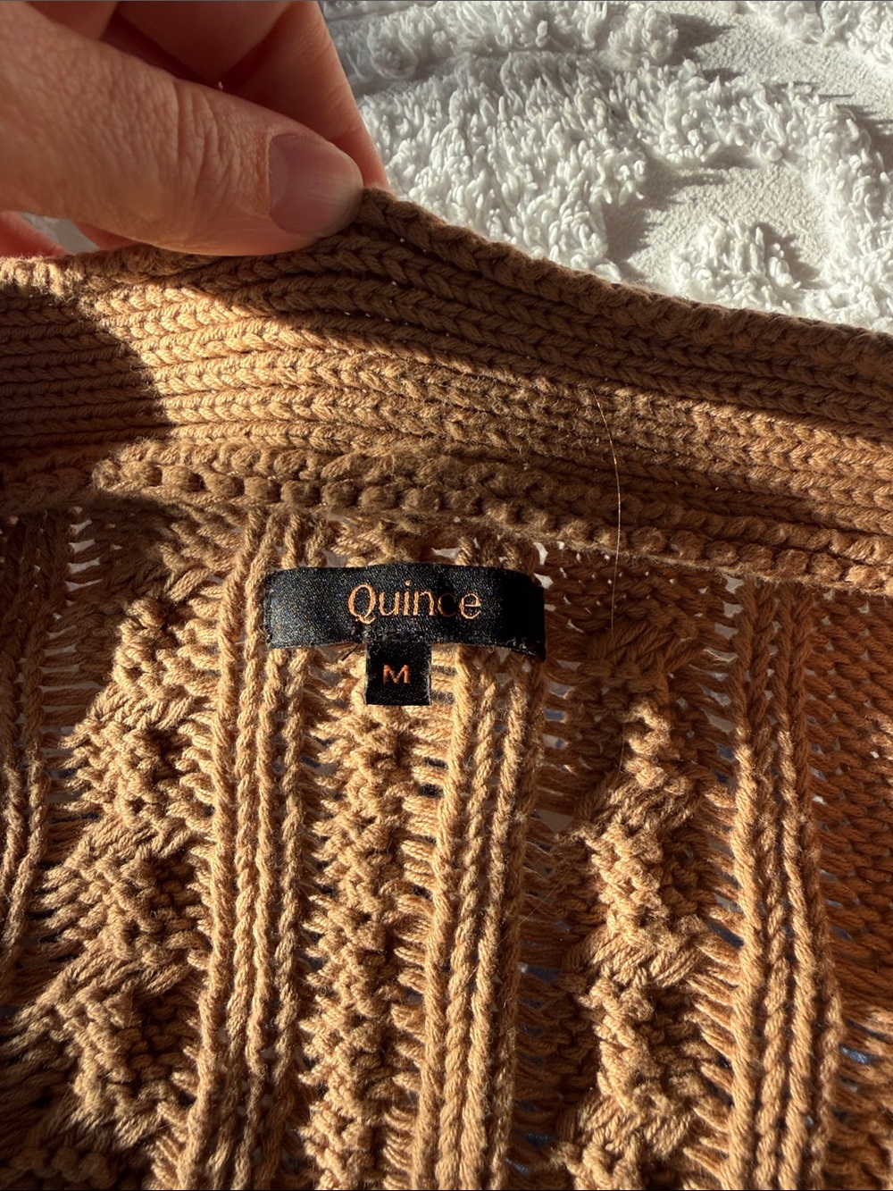 Quince Open-Weave Cable Knit Cardigan in Camel - Picture 2 of 3